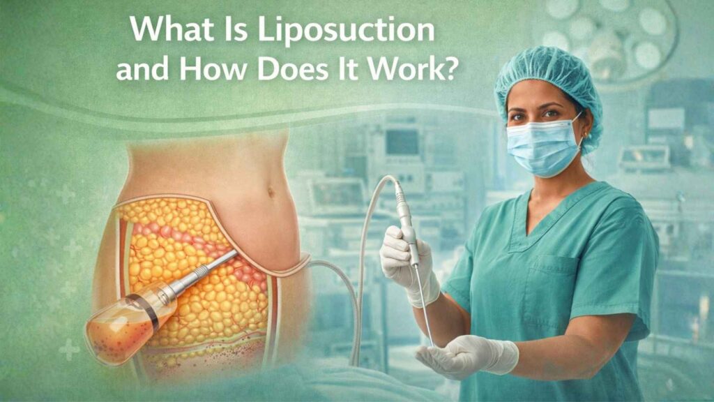 Doctor demonstrating liposuction procedure with fat removal illustration