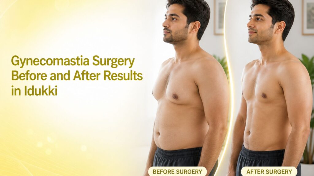 Gynecomastia Surgery Before and After Results in Idukki showing a male patient with visible chest contour improvement after surgery