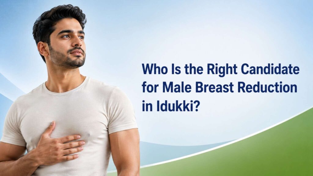 Who Is the Right Candidate for Male Breast Reduction in Idukki banner showing confident young man with mild gynecomastia concern