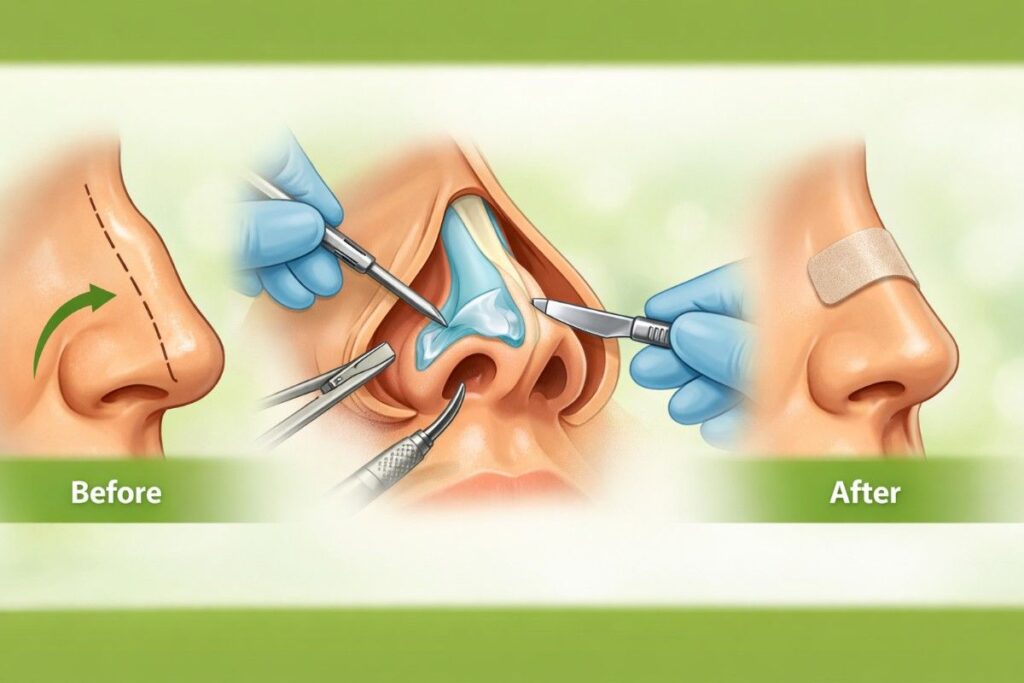 Close‑up medical illustration showing before, during, and after rhinoplasty surgery — highlighting nasal reshaping and healing stages to explain the benefits of rhinoplasty surgery.