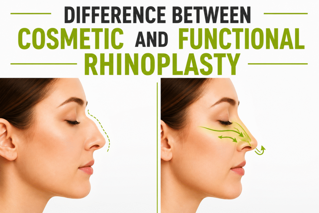 Difference between cosmetic and functional rhinoplasty showing nasal appearance improvement and breathing function enhancement through rhinoplasty surgery