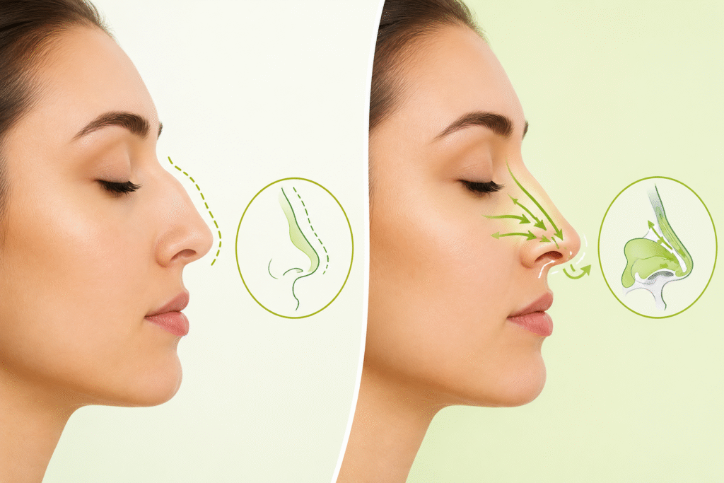 Cosmetic vs functional rhinoplasty illustration showing nose reshaping and improved nasal airflow after rhinoplasty surgery