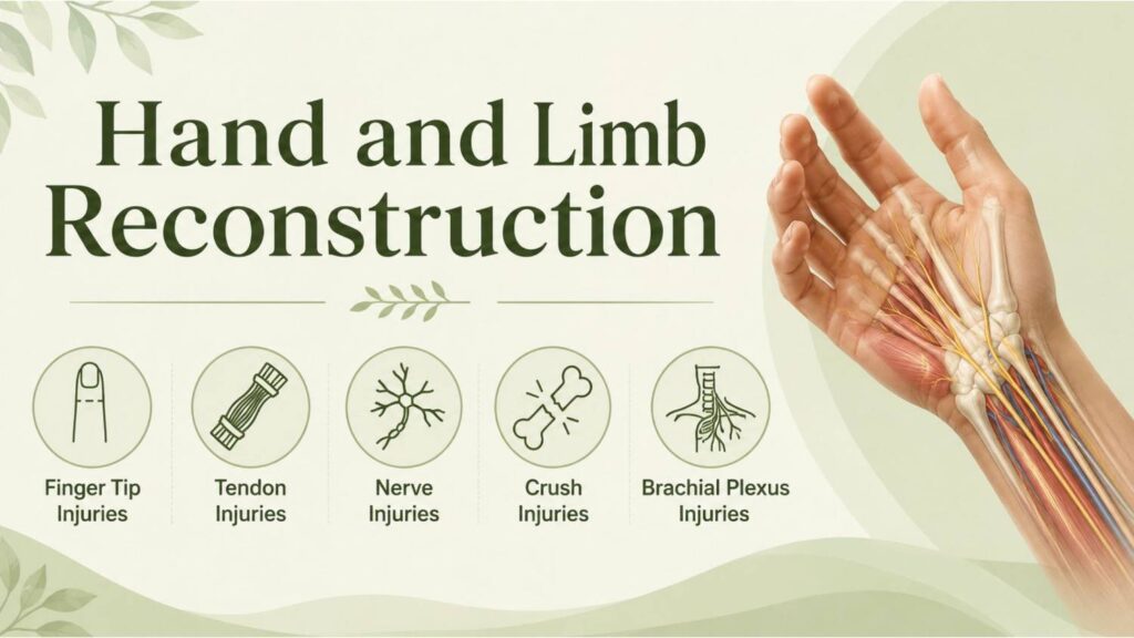 Hand and limb reconstruction procedures offered through Reconstructive Surgery in Thodupuzha, including treatment for finger tip injuries, tendon injuries, nerve injuries, crush injuries, and brachial plexus injuries.