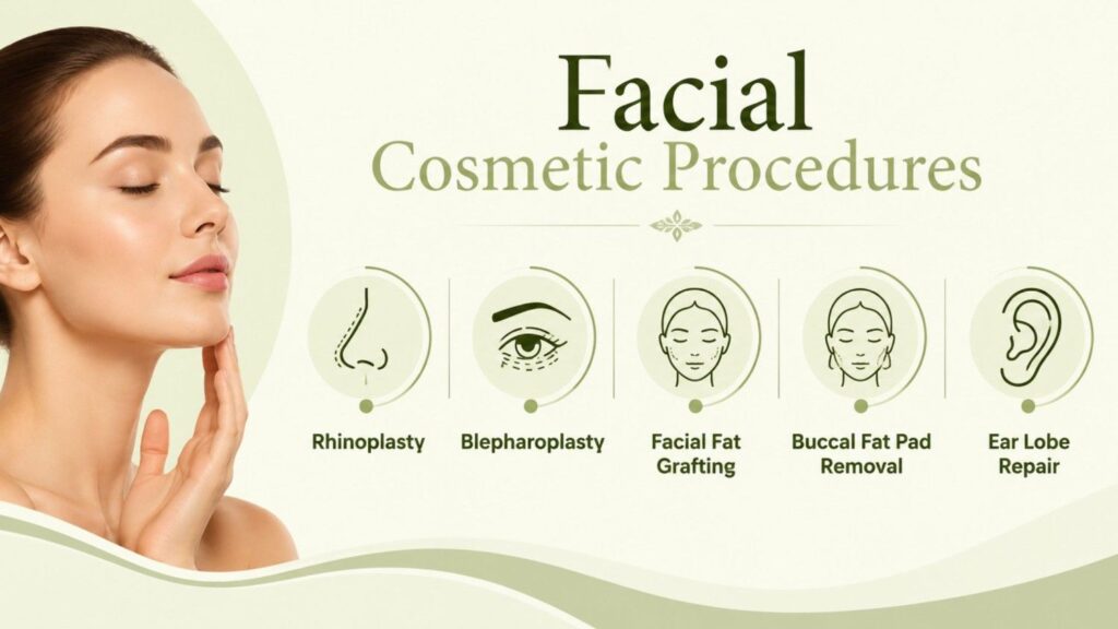 Facial cosmetic procedures offered by a Cosmetic Surgeon in Thodupuzha, including rhinoplasty, blepharoplasty, facial fat grafting, buccal fat pad removal, and ear lobe repair.