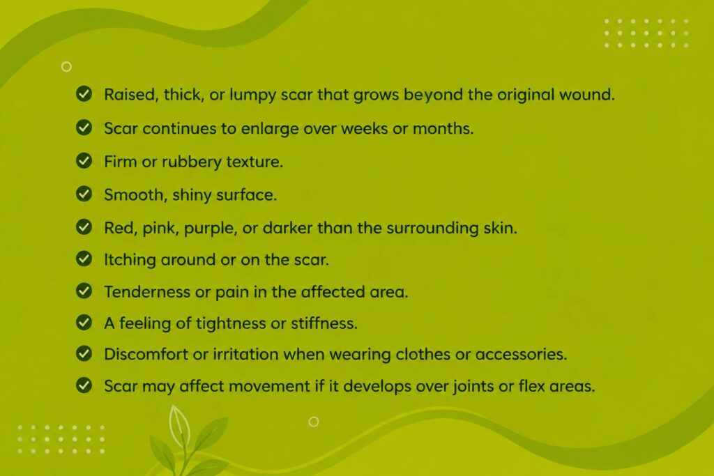 Symptoms that may indicate a keloid including raised scar, itching, pain, and skin tightness