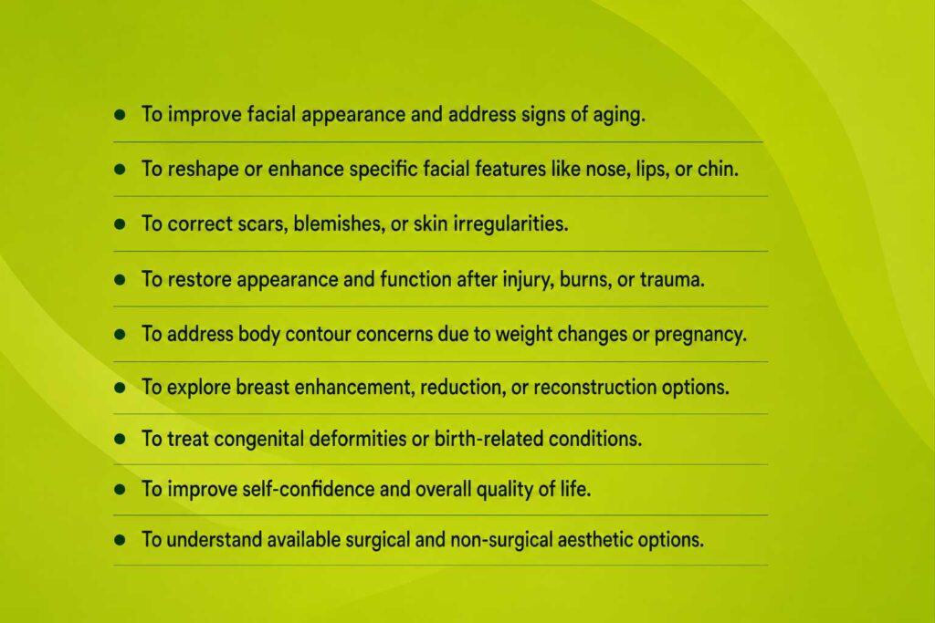 Common reasons people schedule a Plastic Surgery Consultation in Thodupuzha including cosmetic enhancement, scar correction, reconstruction, and body contour concerns