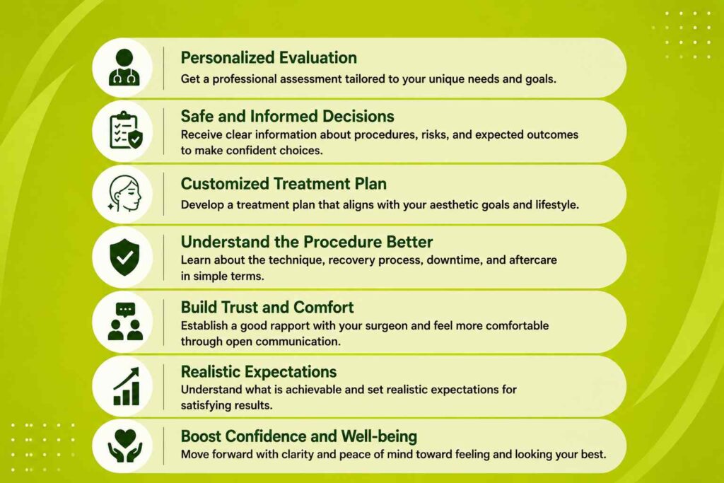 Benefits of a Plastic Surgery Consultation in Thodupuzha including personalized evaluation, informed decisions, customized treatment planning, and realistic expectations