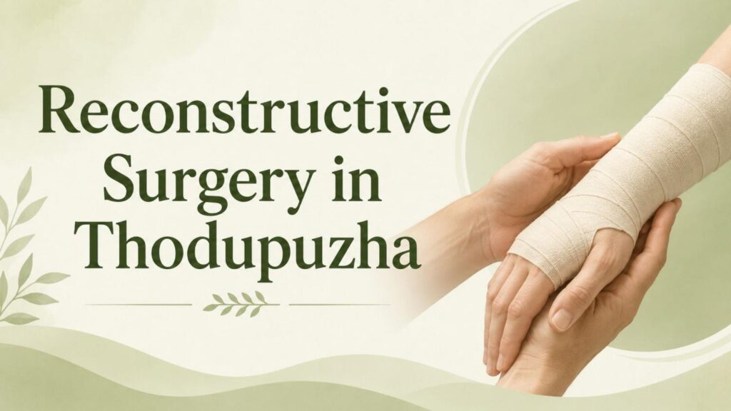 Bandaged arm receiving specialized care through Reconstructive Surgery in Thodupuzha to restore function, mobility, and appearance after injury.
