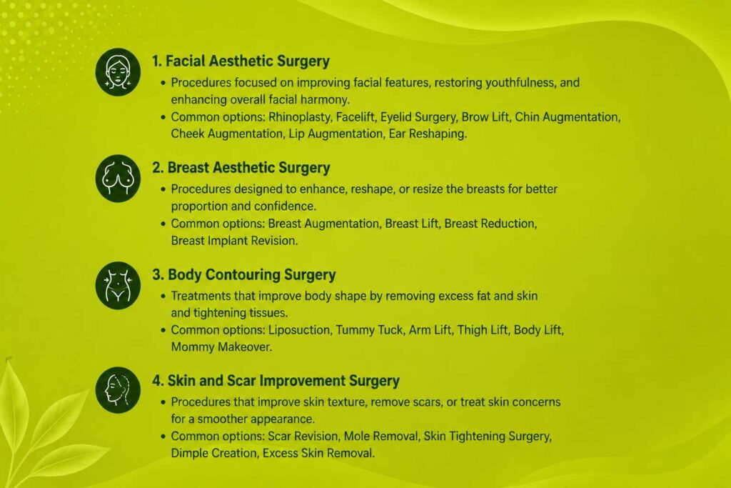 Types of Aesthetic Surgery in Thodupuzha including facial, breast, body contouring, and skin enhancement procedures