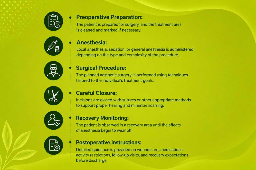 What Happens During the Procedure during aesthetic surgery including preparation, anesthesia, surgery, recovery, and postoperative care