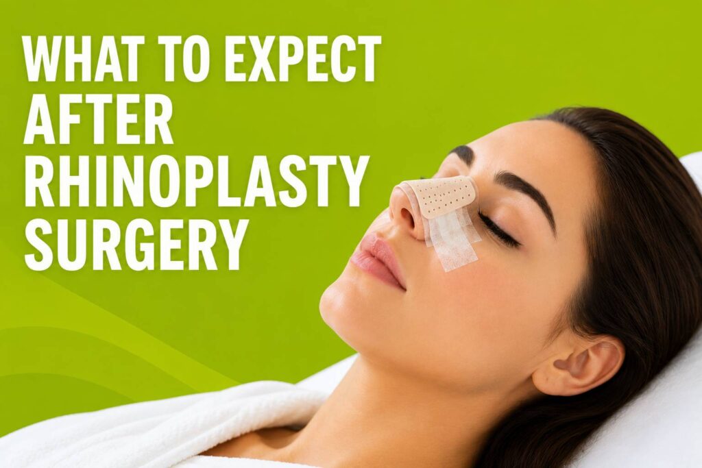 Patient recovering after rhinoplasty surgery with nasal dressing during the healing period