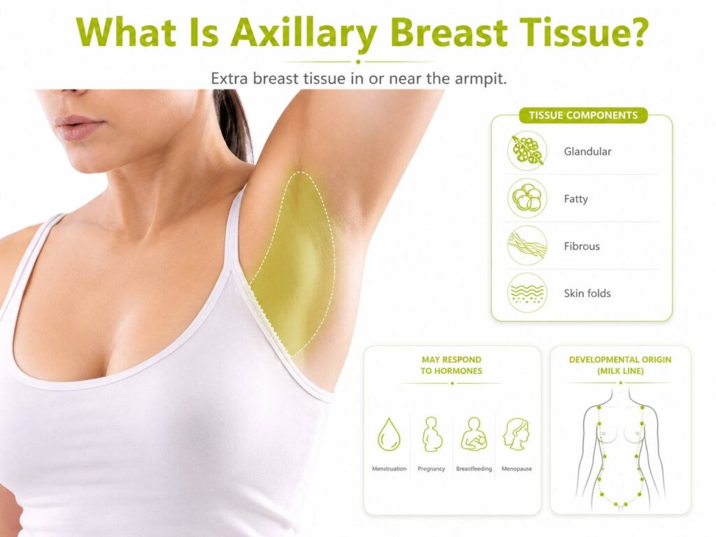 Medical infographic explaining axillary breast tissue, showing accessory tissue in the armpit, tissue components, hormonal changes, and the embryonic milk line.