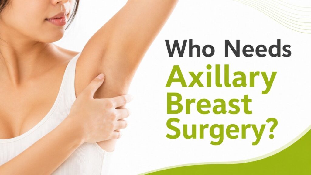 Featured image for “Who Needs Axillary Breast Surgery?” showing a woman examining the underarm area.