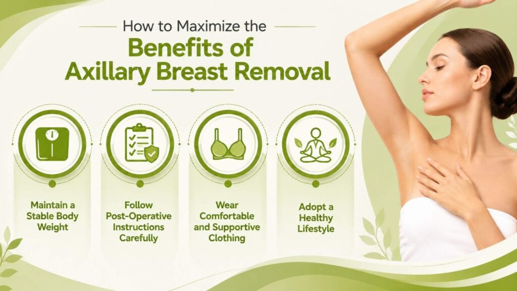 Illustration showing how to maximize the Benefits of Axillary Breast Removal through healthy recovery habits and post-operative care