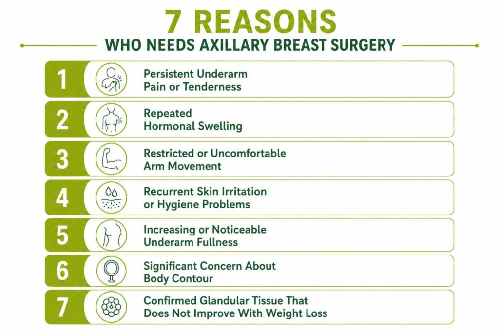 Infographic titled "7 Reasons Who Needs Axillary Breast Surgery" with seven numbered headings highlighting common symptoms and indications, including persistent underarm pain, hormonal swelling, restricted arm movement, skin irritation, underarm fullness, body contour concerns, and confirmed glandular tissue.