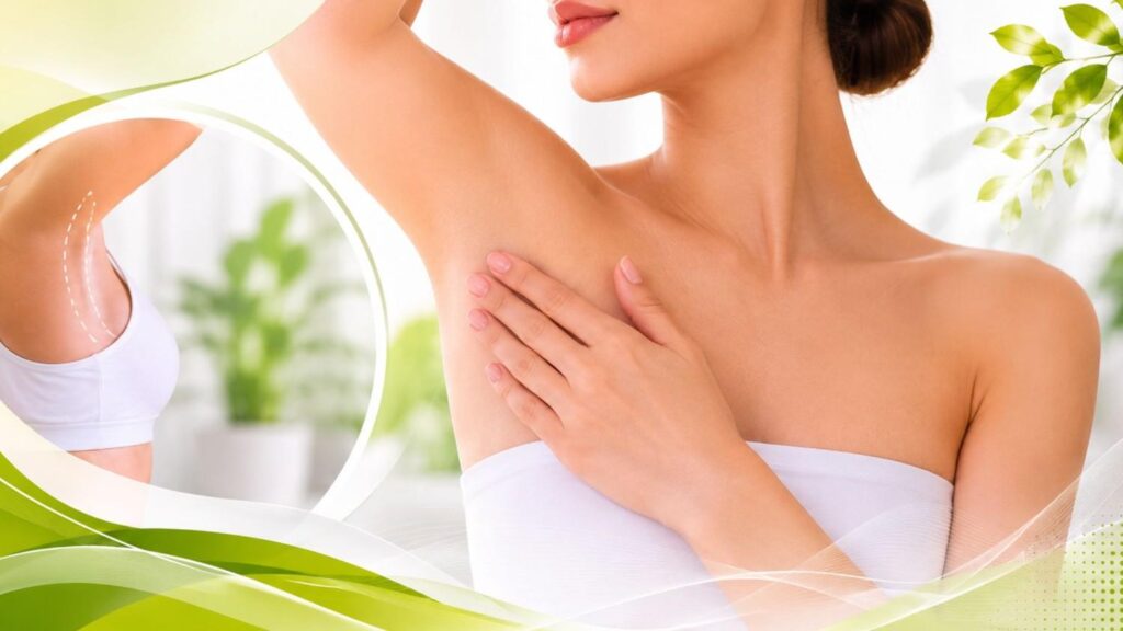Benefits of Axillary Breast Removal illustrated with a woman highlighting the underarm area after accessory breast tissue treatment